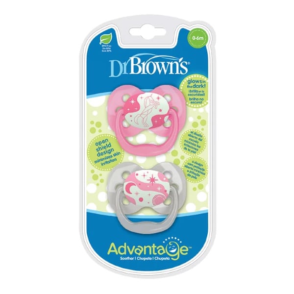 Dr. Brown's Advantage Glow-in-the-Dark Silicone Soother 0-6m 2 copë - Rozë-Bardhë