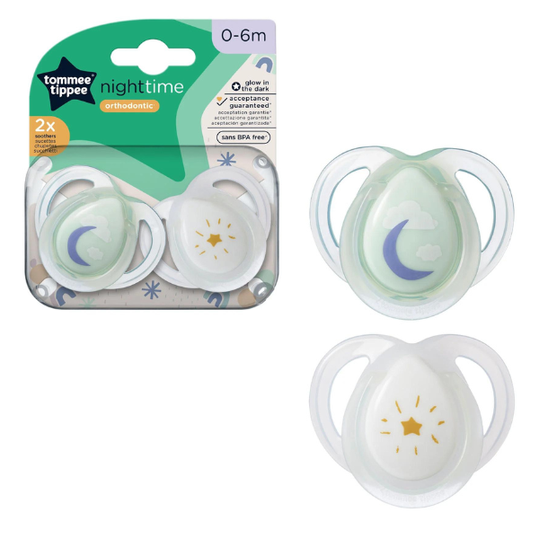 Tommee Tippee Night Time Orthodontic Soothers 0-6m 2 copë - Transparente-Jeshile