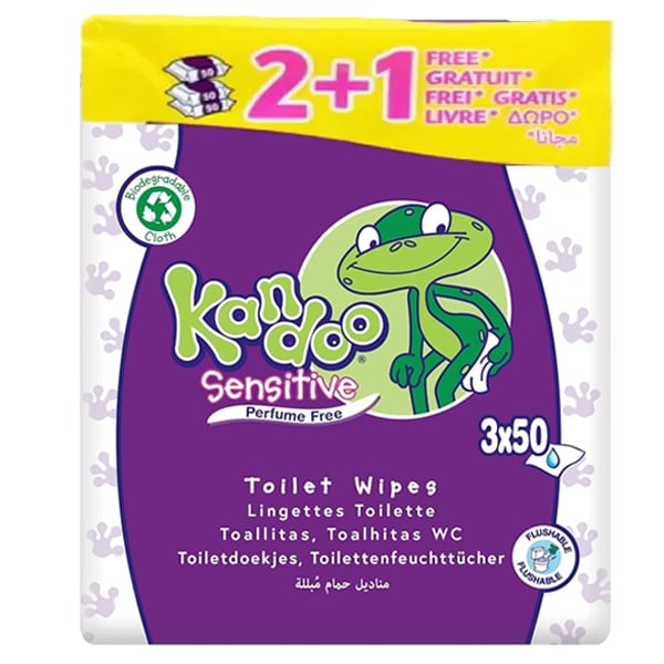 Kandoo Sensitive Flushable Toilet Wipes Fragrance-Free (2+1 FREE) 150 copë