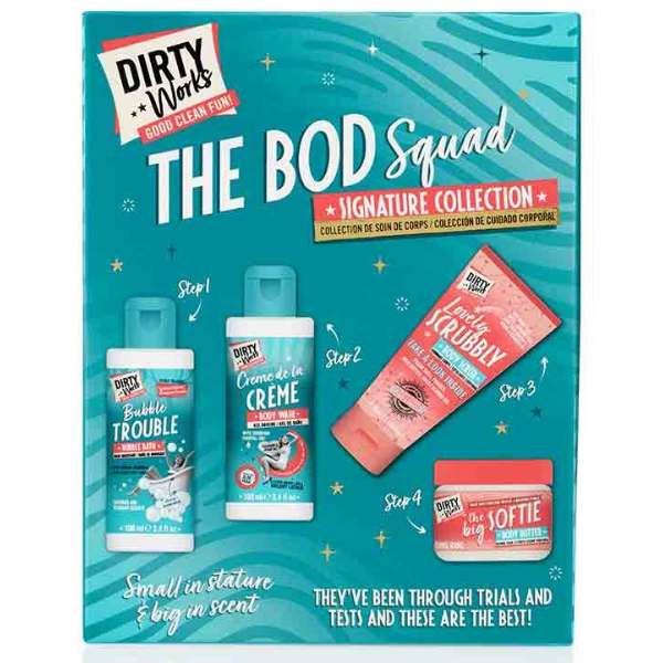 Dirty Works The Bod Squad Signature Collection Set with Bubble Bath, 100ml & Body Wash, 100ml, Body Scrub, 50ml & Body Butter, 50ml 1 set
