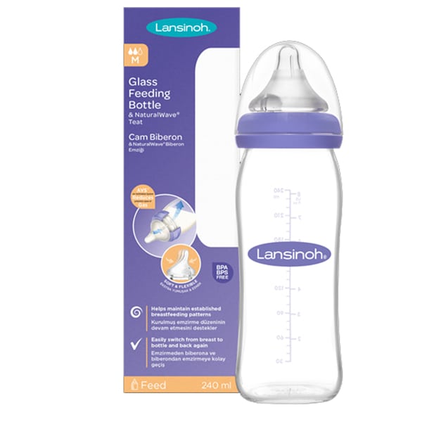 Lansinoh Glass Feeding Bottle with Medium Flow Nipple 240 ml