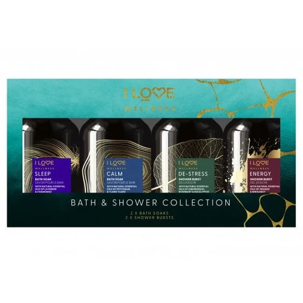I Love Wellness Bath & Shower Collection with Calm Natural Bath Soak, 125ml, Sleep Bath Soak, 125ml, De-Stress Shower Burst, 125ml & Energy Shower Burst, 125ml 1 set