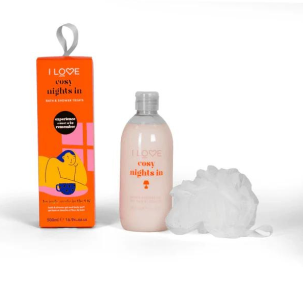 I Love Cosy Nights in Bath & Shower Treats with Shower Gel, 500ml & Body Puff 1 set