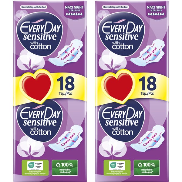 EveryDay Sensitive with Cotton Maxi Night Ultra Plus Pads (2x18pcs) 36 copë
