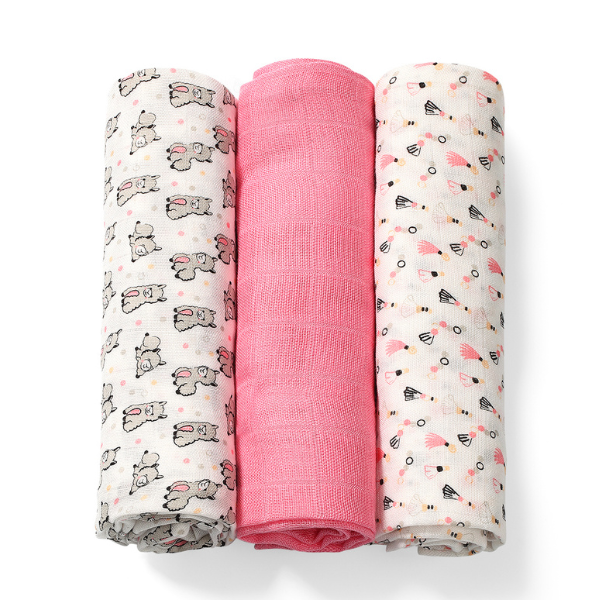 Babyono Set Soft Muslin Diapers from Bamboo & Cotton 3 copë - Rozë