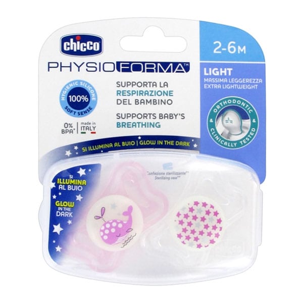Chicco Physio Forma Light Ergonomic Night Soother Silicone Teat 2-6m 2 copë - Rozë