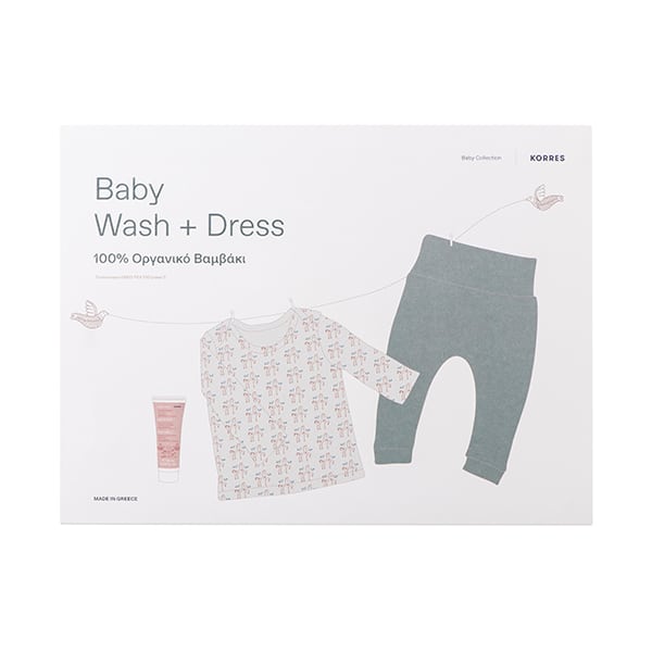 Korres Baby Wash & Dress Long-Sleeved T-shirt, Trousers 100% Organic Cotton & Baby Showergel & Shampoo, 20ml 1 set