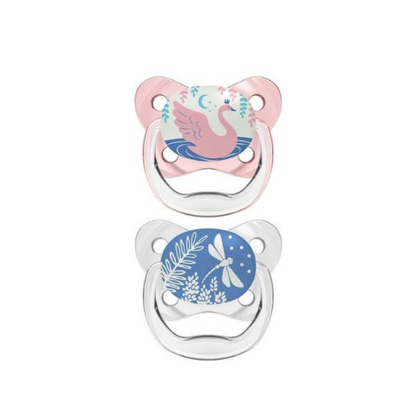 Dr. Brown’s PreVent Contoured Glow-in-the-Dark Soothers 0-6m (PV 12006) 2 copë - Rozë-Transparente