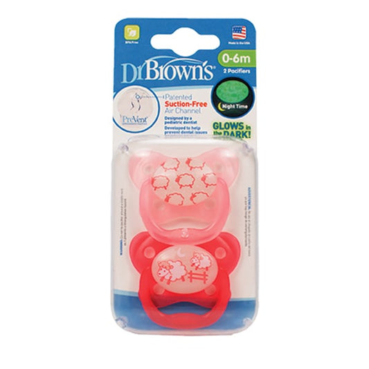 Dr. Brown’s PreVent Contoured Glow-in-the-Dark Soothers 0-6m (PV 12006)  2 copë - Rozë