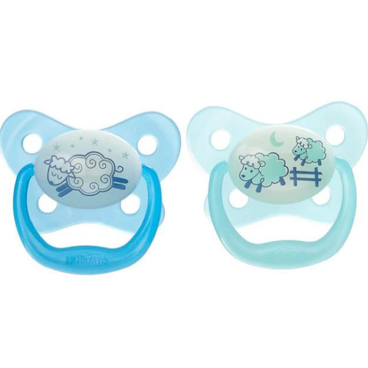 Dr. Brown’s PreVent Contoured Glow-in-the-Dark Soothers 0-6m (PV 12006)  2 copë - Blu e çelët-Blu