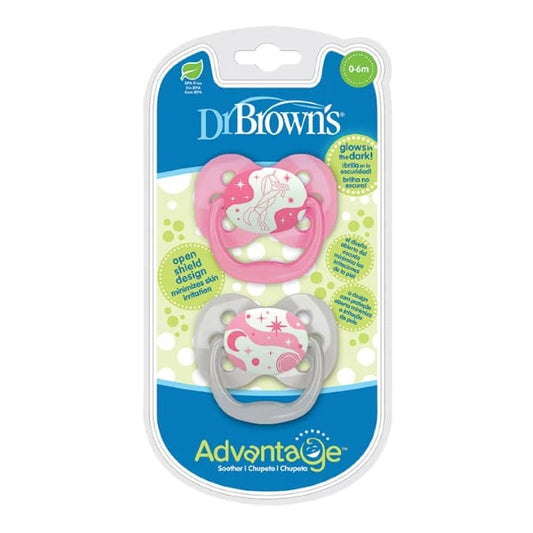 Dr. Brown's Advantage Glow-in-the-Dark Silicone Soother 0-6m  2 copë - Rozë-Bardhë