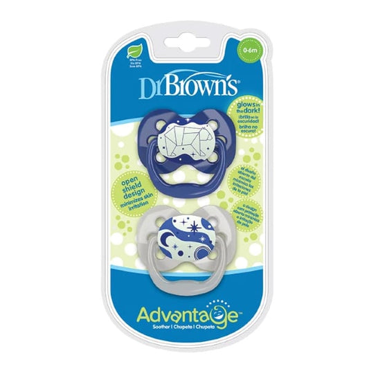 Dr. Brown's Advantage Glow-in-the-Dark Silicone Soother 0-6m  2 copë - Blu-Bardhë
