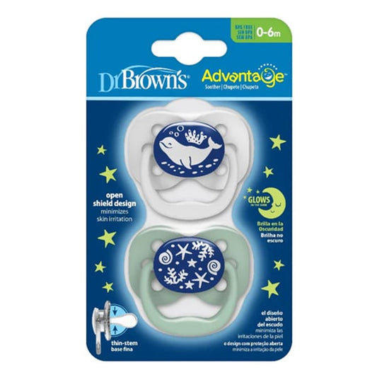 Dr. Brown's Advantage Glow-in-the-Dark Silicone Soother 0-6m  2 copë - E bardhë-Blu e çelët