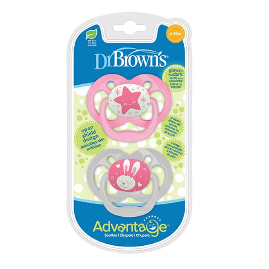 Dr. Brown’s Advantage Glow-in-the-Dark Soothers 6-18m (PA 22003 & PA 22004)  2 copë - Rozë-Bardhë