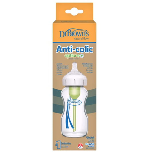 Dr. Brown's Anti-colic Options+ WB 91740 Wide Neck Glass Bottle & Silicone Nipple  270 ml