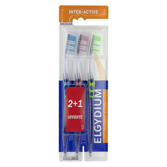 Elgydium Promo (2+1) Inter-Active Toothbrush Medium  3 copë - Rozë-Blu-Jeshile
