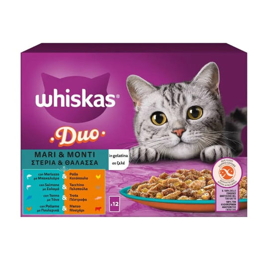 Whiskas Duo Adult Complete Wet Cat Food Land & Sea in Jelly Pouch (Cod & Chicken / Salmon & Turkey / Tuna & Trout / Poultry & Beef)  12x85gr