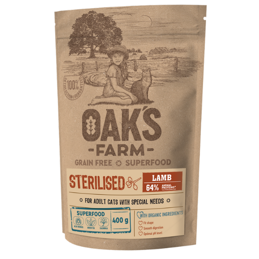 Oak's Farm Grain Free Superfood Cat Adult Sterilised Lamb  400g