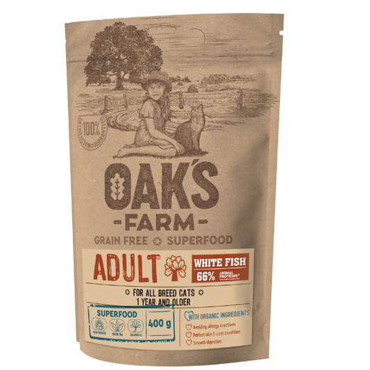 Oak's Farm Grain Free Superfood Adult White Fish for All Breed Cats 1 Year & Older  400g