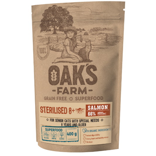 Oak's Farm Grain Free Superfood Sterilised Salmon for Cats 8y+  400g