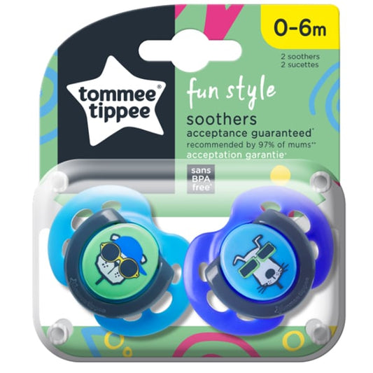 Tommee Tippee Fun Style Soothers 0-6m  2 copë - Blu e çelët-Blu