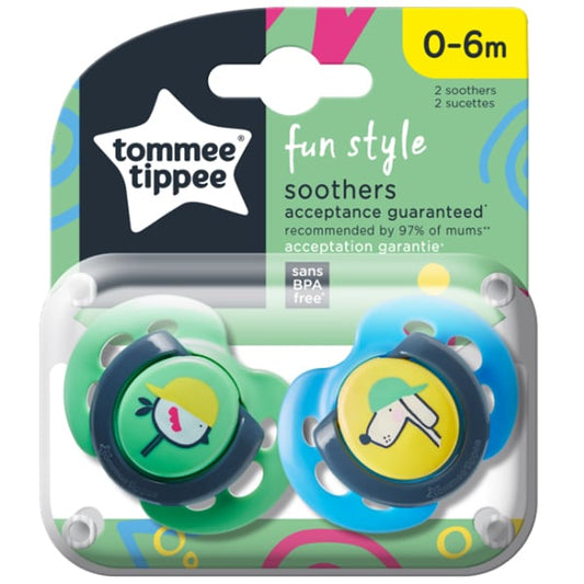 Tommee Tippee Fun Style Soothers 0-6m  2 copë - Blu-Jeshile