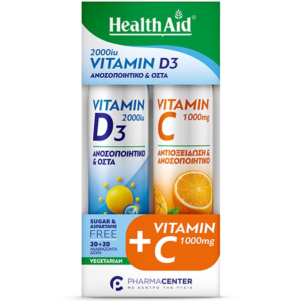 Health Aid Combo Pack Vitamin D3 2000iu, 20tabs & Vitamin C1000mg, 20tabs  1 set