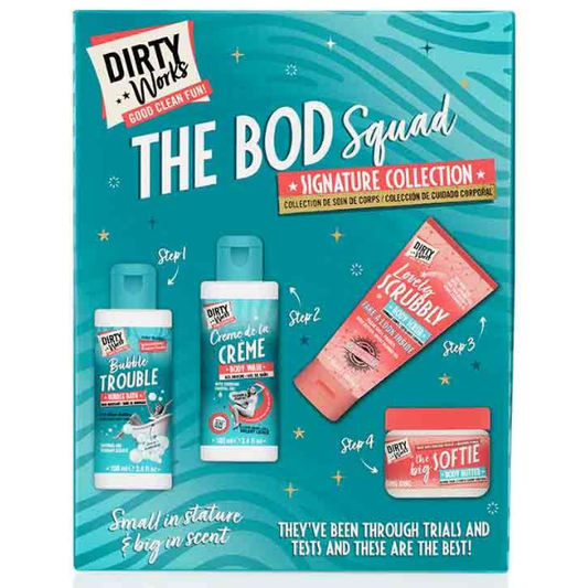 Dirty Works The Bod Squad Signature Collection Set with Bubble Bath, 100ml & Body Wash, 100ml, Body Scrub, 50ml & Body Butter, 50ml  1 set
