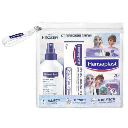 Hansaplast Kit for Wounds Frozen with Wound Cleaning Spray, 1pc, Wound Healing Cream 50g, Frozen Strips, 20pcs & Free Beauty Pouch, 1pc  1 set