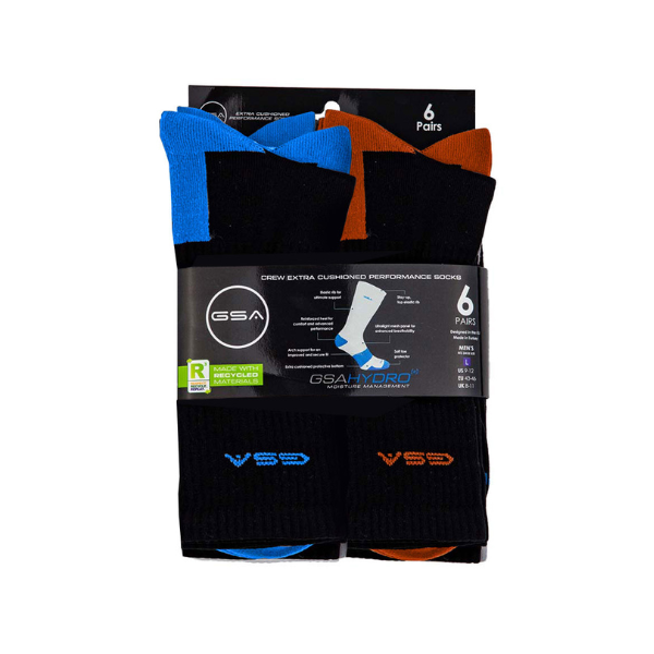 GSA Hydro[+] 6506 Men’s Extra Cushioned High Performance Crew Recycled Socks  Pako me 6 copë - 51 copë të zeza - shumëngjyrëshe