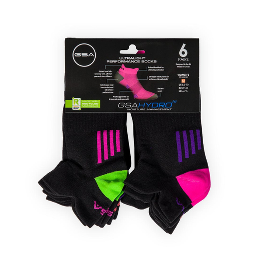 GSA Hydro[+] 6306 Women’s Ultralight High Performance Low Cut Recycled Socks  Pako me 6 copë - 51 copë të zeza - shumëngjyrëshe