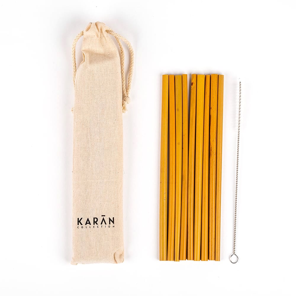 Karan Reusable Bamboo Drinking Straws with Pouch & Brush  10 copë