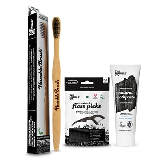 The Humble Co. Promo Pack with Charcoal Toothbrush, 1pc, Charcoal Toothpaste, 75ml, Interdental Brush Charcoal Picks, 50pcs & Free Toothbrush Case, 1pc  1 set