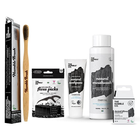 The Humble Co. Promo Pack with Charcoal Toothbrush, 1pc, Charcoal Toothpaste, 75ml, Dental Floss 50m, 1pc, Mouthwash, 500ml & Dental Floss Picks, 50pcs  1 set