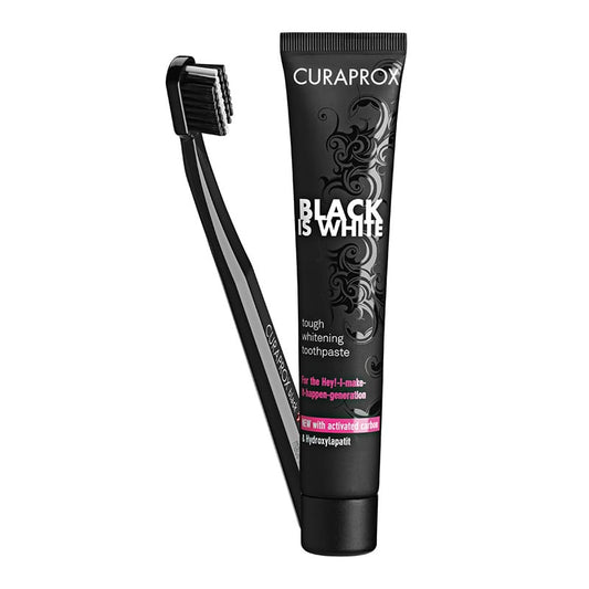 Curaprox Black is White Pack with Black is White Toothbrush, 1pc & Black is White Tough Whitening Toothpaste, 90ml  1 set