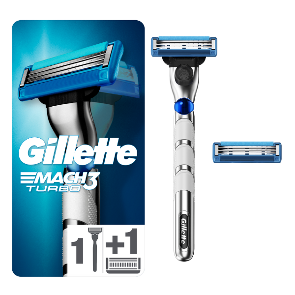 Gillette Mach3 Turbo Men's Razor Handle, 1pc & Razor Blade Refills  2 copë
