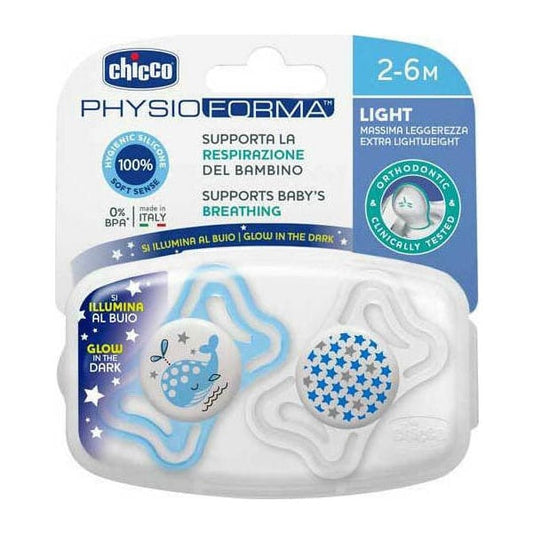 Chicco Physio Forma Light Ergonomic Night Soother Silicone Teat 2-6m  2 copë - Blu e çelët