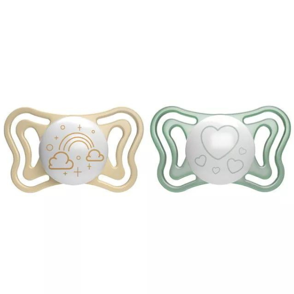Chicco Physio Forma Light Ergonomic Night Soother Silicone Teat 2-6m  2 copë - Ulliri-Bezhë