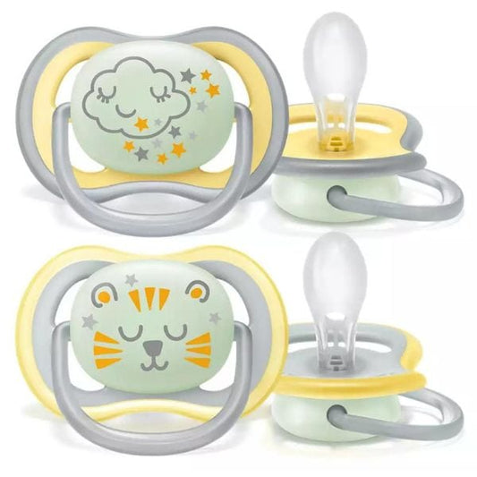 Philips Avent Ultra Air Nighttime Orthodontic Silicone Soother 18m+ (SCF376/01)  2 copë - E verdhë-Gri