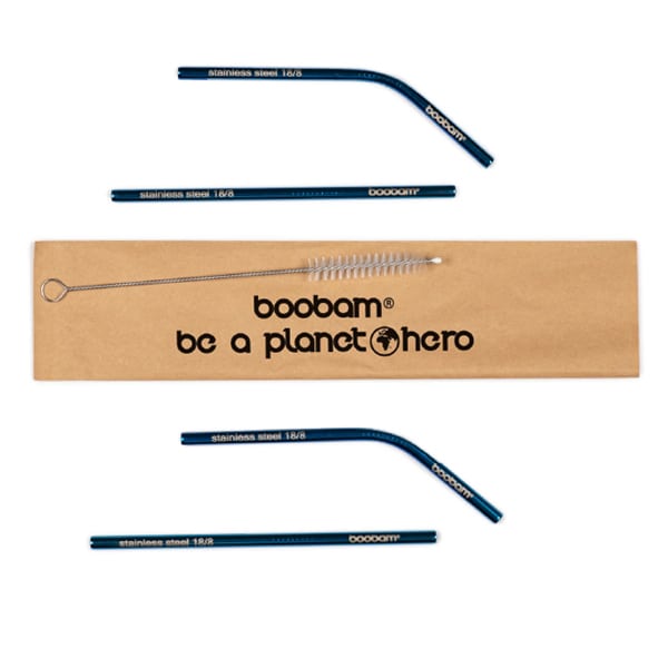 Boobam Straw Short Metal, 4pcs & Brush Cleaner, 1pc  1 set - Blu Titaniumi