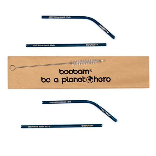 Boobam Straw Short Metal, 4pcs & Brush Cleaner, 1pc  1 set - Blu Titaniumi