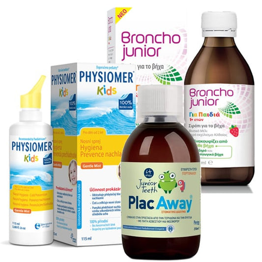 Physiomer Kids Cold Pack with Broncho Junior Cough Syrup, 200ml, Physiomer Kids, 115ml & Plac Away Junior Teeth Mouthwash  250 ml